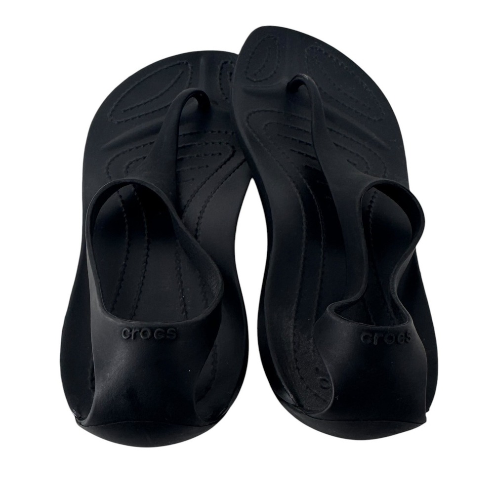 Crocs Sexi Flip Sandals Womens Sz 6 Black T-Strap Slingback Thong Flat - Picture 3 of 11